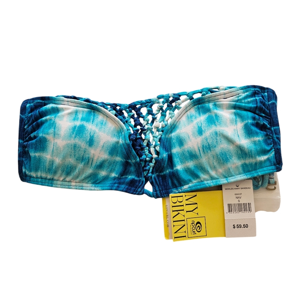 NWT RIP CURL Tie Dye Lattice Bikini Bandeau Strapless Top Turquoise Blue